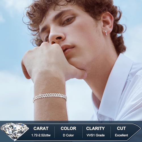 1.72-2.52 Carats Moissanite Bracelet for Men, 6MM Lab Created Moissanite Cuban Bracelet 18K White Gold Plated 925 Sterling Silver Diamond Cuban Link Bracelet D Color VVS1 Round Cut Bling Iced Out Miami Diamond Link Bracelet w/ Box Clasp 6-9 Inch3