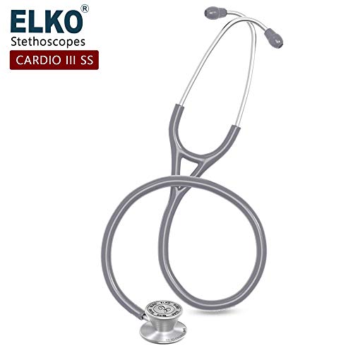 Image of ELKO EL-060 CARDIO III SS Stainless Steel Acoustic Stethoscope | Two-Way PVC Tubing | Double Sided Chestpiece For Adult & Pediatric Patient | Doctors & Medical Students (Grey)