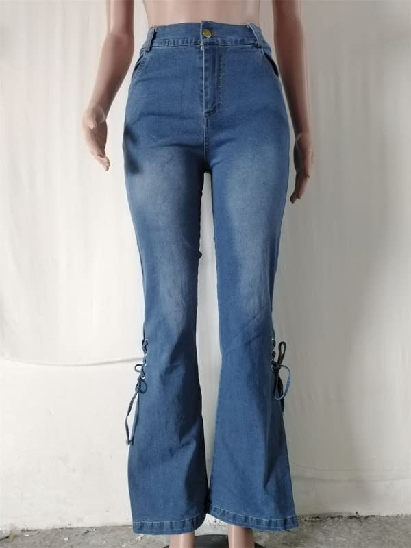 Andongnywell lace-up Flare Bell Bottom Jeans for Women Mid Waisted Wide Leg Bootcut Jeans Trousers with Pockets4
