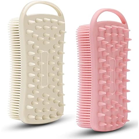 2 PC Silicone Exfoliating Body Scrubber, 2 in 1 Silicone Body Shampoo Brush, Soft Silicone Loofah for Sensitive Skin, Shower Silicone Hair Scalp Massager, Easy to Clean, Lather Well (Pink&Gray) Cover