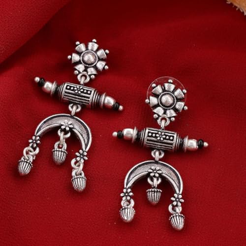Image of Voylla Oxidised Silver Plating Brass Floral Motifs Dangler Earrings for Women and Girls, Boho /Tribal Style
