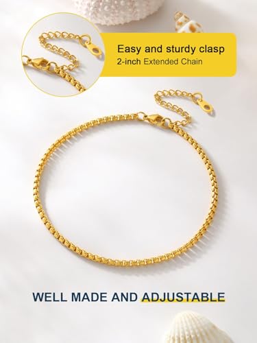 Image of ChainsPro Resizable Anklet Chain for Women Men, Figaro /Wheat /Twist Rope /Cuban Foot Bracelet-Strong with Good Clasp-18K Gold Plated(Send Gift Box)