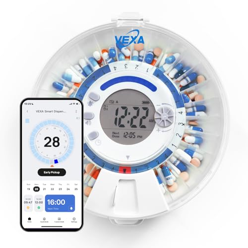 VEXA VitaMate 28 Smart Automatic Pill Organizer with Exclusive Self-Developed App 28-Slot Monthly Medication Management App-Connected Sound Alerts Easy Flip-to-Dispense for Vitamins & Tablets