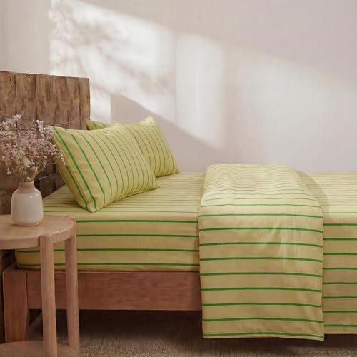 Image of Merryword 100% Cotton Sheet Set Full Size, Khaki & Green Stripes Bedding, Soft Breathable Percale Weave, Modern Minimalist, Luxury Linen Like, Deep Pocket Fitted Sheet 17.5 inch