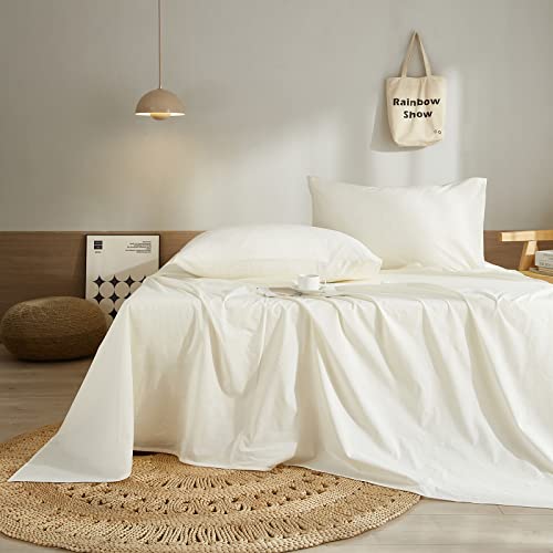 Cream White King Size Bed Sheets Cotton 4 Piece Bedding Sheets 100% Washed Cotton Breathable Bed Sheets & Pillowcases Set Easy Fit Cooling Sheets Deep Pocket 16 Inch King Bedding Sheet #TOP21