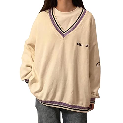 Image of Korean Women's Sweater Academy Style V-Neck Letter Pullover Women's Casual Loose Sweater