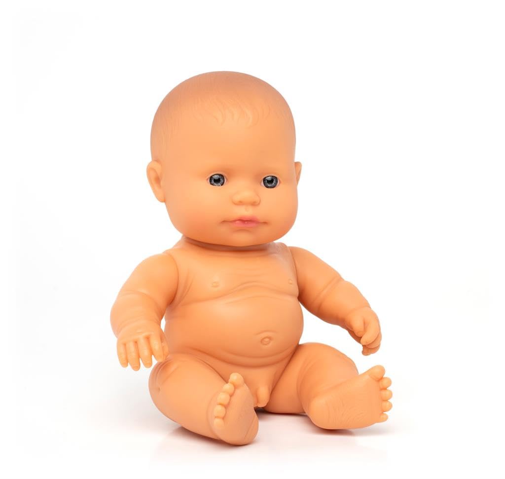 Miniland European boy doll without underwear in bag is soft vinyl, resilient and flexible. 21cm