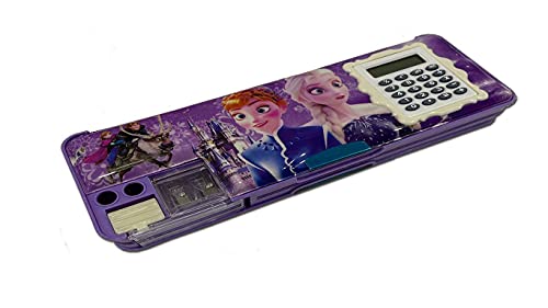 Vsol Multipurpose Cartoon Printed Magnetic Pencil Box with Calculator Dual Sharpener for Girls & Boys for School, Big Size Cartoon Printed Pencil Case for Kids (Purple)