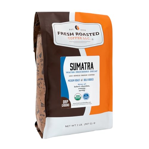 Image of Fresh Roasted Coffee, Organic Sumatra Water-Processed Decaf Drip Ground Coffee, Medium Roast, USDA Organic, 100% Single Origin, Kosher, 2 lb (32 oz)