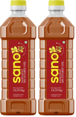 Image of sano Pure & Fresh Kachi Ghani Mustard Oil - 1L Pet Bottle, High Pungency, Rich in Omega-3, 100% Natural - Authentic Indian Cooking Oil (Pack of 2)