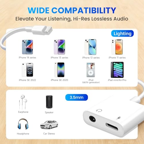Image of Verilux 2 in 1 Lighting to 3.5mm Adapter with Charging & Audio for iPhone, Lighting to 3.5 mm Jack Headphone Splitter, Supports Hi-Res Lossless Sound, Compatible with iPhone 14 /13 /12 /11 /XS /XR /8 /7