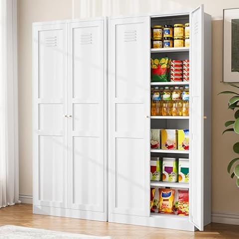 BYNSOE 71'' Kitchen Pantry Storage Cabinet with 5 Adjustable Shelves Metal Pantry Storage Cabinet with Ventilation Cupboard Cabinet for Kitchen, Living Room Dining Room Bathroom. (White, 71 inch) Cover