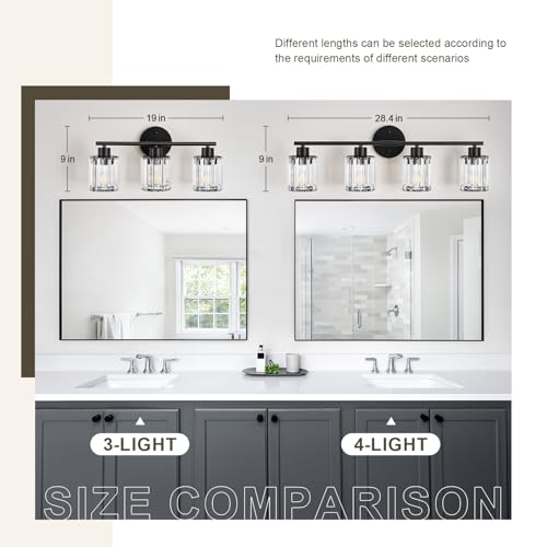 Image of Modern Black Crystal Bathroom Light Fixtures,4-Light | Bathroom Lighting Fixtures over Mirror,Vanity Lights for Mirror, Restroom(Ceramic E26 Socket,Bulbs Not Include)