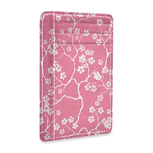 susiyo Pink Cherry Blossoms Flowers Slim Minimalist Wallet Front Pocket Wallets PU Leather Rfid Blocking Card Wallets for Men Women
