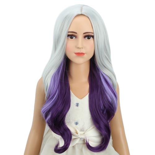 Image of Silver Gray Ombre Purple Wig for Child Girls Long Grey Ombre Purple Middle Part Wig Kids Silver Gray to Wavy Curly Wigs Heat Resistant Synthetic Wigs with Cap