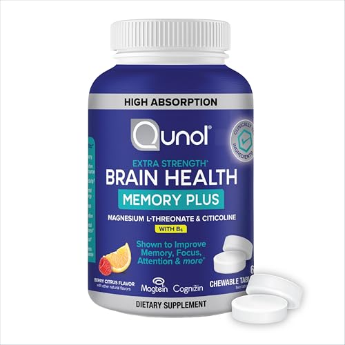 Qunol Brain Health Memory Plus Chewable Tablet with B6, Magnesium L-Threonate & Citicoline, Clinically Tested Ingredients to Improve Memory, Focus, Attention and Productivity, 60 Count