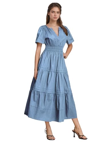 Image of ShallWe Women's Basic Plain Summer Dress Casual Long Maxi Short Sleeve Layered Cotton V Neck A Line Fashion Travel