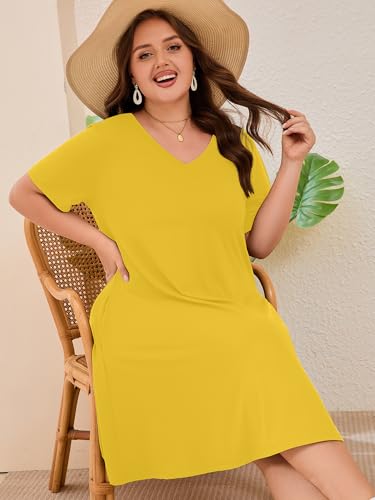Image of AusLook Plus Size Midi Dress for Women Loose V Neck Short Sleeve Summer Casual A Line T Shirt Sundresses with Pockets 1X-5X