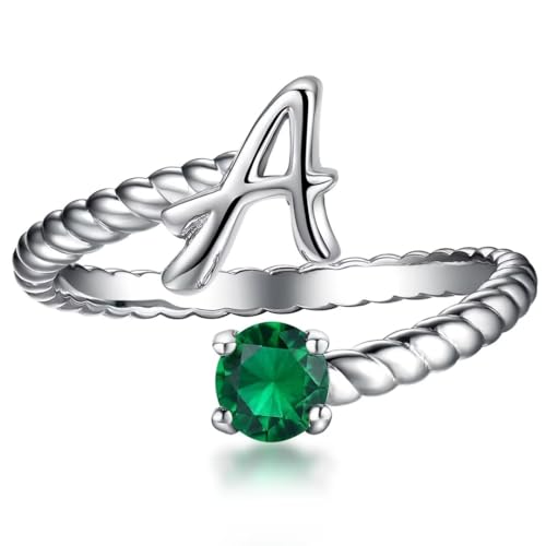 AILAAILA May Initial Birthstone Rings for Women Adjustable Dainty Letter Ring Stackable Stacking Ring for Mother Daughter Birthday Jewelry Gift A
