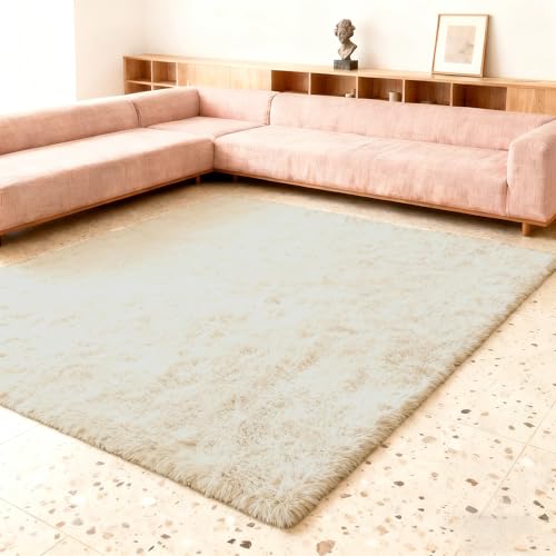 Grand tapis de salon 250x270 extra doux couleur unie crème haut de gamme