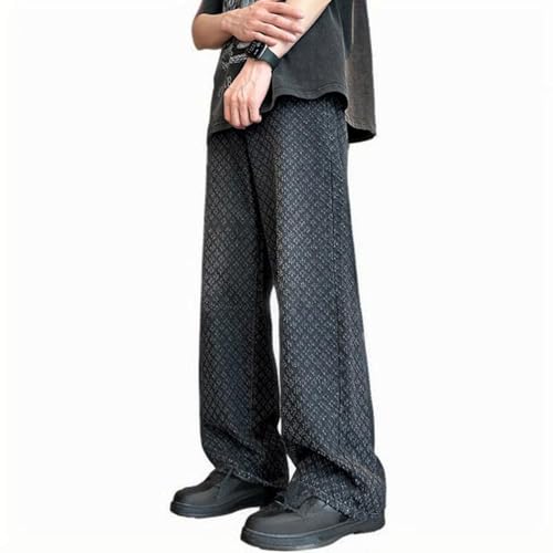Cambkatl Men's Jacquard Jeans, Loose Straight Leg Casual Drawstring Elastic Waist Vintage Washed Denim Pants - Main Image