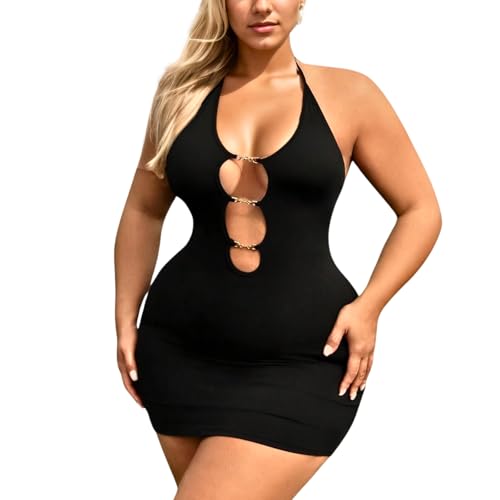 Damen Minikleid mit tiefem V-Ausschnitt, Neckholder, Slip, rückenfrei, Satin, sexy, seidig, Party, Club, figurbetonte Kleider (Schwarz)