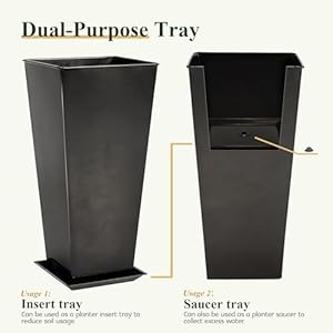 Worth Garden 28 Large Metal Glazed Planter Set of 2 Luxurious Glossy Finish Black Tall Square Tapered Steel Plant Pots Decor Flower Pot Indoor Outdoor Drainage Hole Dual Purpose Plant Saucer