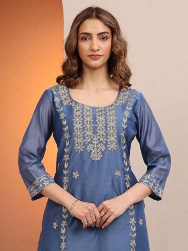 Image of Libas Embroidered Chanderi Silk Straight Kurta | Ethnic wear | Bridal Suit | Wedding Dress | Occasion wear