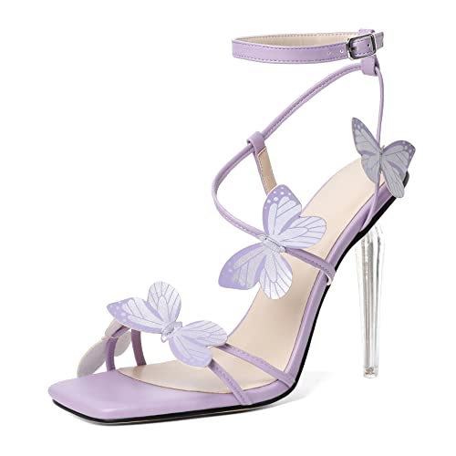 Zamikoo Open Toe Ankle Strap High Heels for Women, Square Toe Butterfly Heeled Sandals, Strappy Clear Stiletto Butterfly Heels 4 Incheses