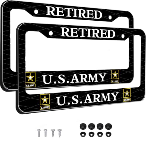 Image of 2PCS License Plate Frames for Retired U.S.Army,Car License Plate Bracket Holder, Premium Aluminum Alloy Weather Proof License Plate Covers with Screw Caps Cover Set Car Accessories