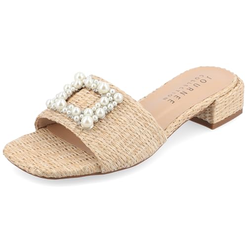 Journee Womens Pearl Raffia Slip On Open Square Toe Outset Block Heel Justina Comfort Foam Flat Sandals