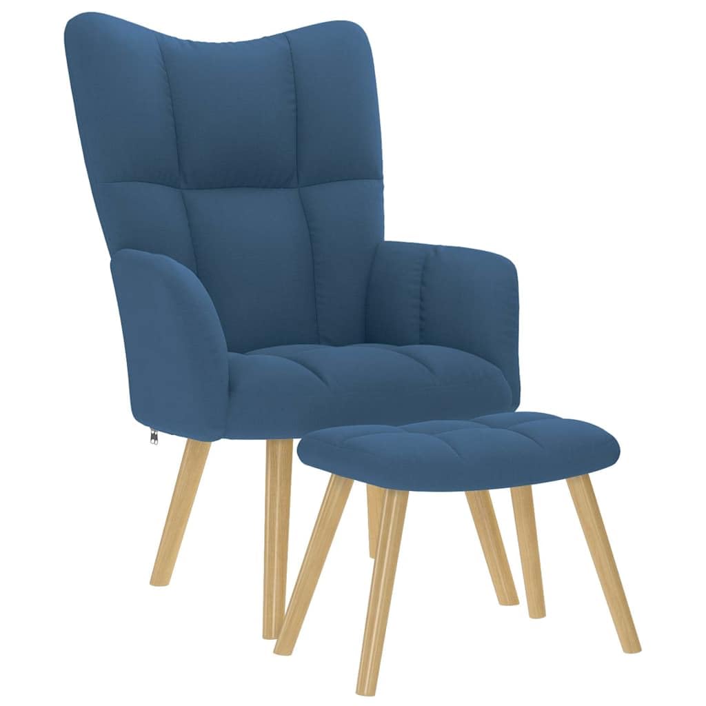 Fotel relaksacyjny z taboretem w kolorze niebieskim, ergonomiczne krzesło wypoczynkowe z podłokietnikami i oparciem, drewniany stelaż metalowy, wysokość siedziska 38 cm, podnóżek jako taboret