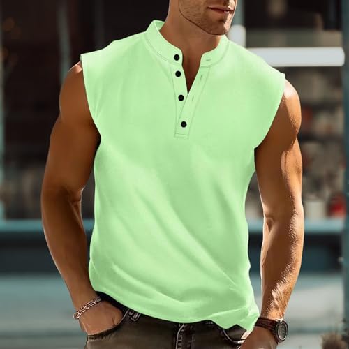 Sleeveless Henley Shirts for Men Banded Collar Button Up Casual Tops Slim Fit Comfy Workout Fitness Athletic T-Shirts2