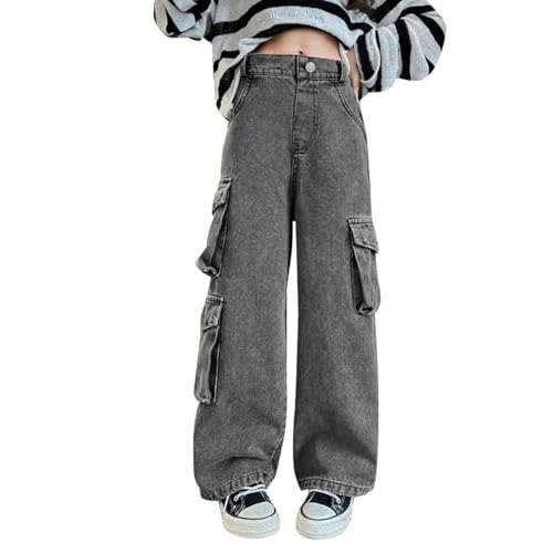 Girls Baggy Jeans Kids Y2K Streetwear Trendy High Waisted Straight Wide Leg Denim Cargo Pants with Multi Pockets