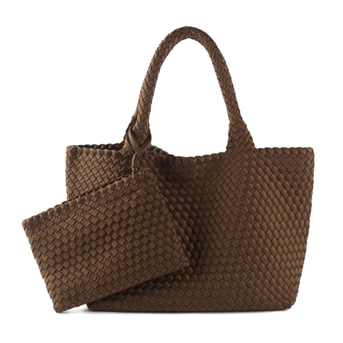 Image of Woven Bag for Women, Large Neoprene Tote Bag Summer Beach Handbag Purse Retro Handmade Travel Shoulder Bag Set