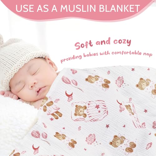 Image of Car Seat Cover Baby Girls Boys, Summer Cotton Baby Car Seat Cover for Carseat, Comfortable Muslin Nursing Cover, Soft Baby Blanket, Breathable Lightweight Infant Stroller Canopy, Pink Bear