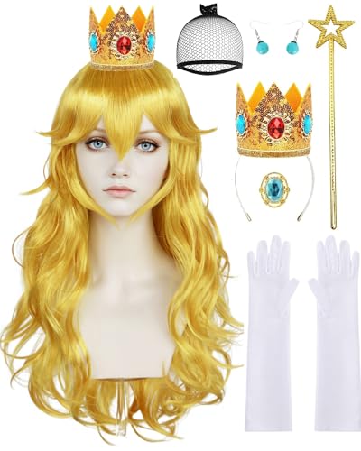 ANOGOL Hair Cap+ 28 Inch Princess Wig for Women Golden Long Wavy Wigs Peach Cosplay Wig Anime Synthetic Hair for Halloween Party Costume (1 Crown+ 1 Wand+ 2 Earrings+ 2 Gloves+ 1 Brooch)