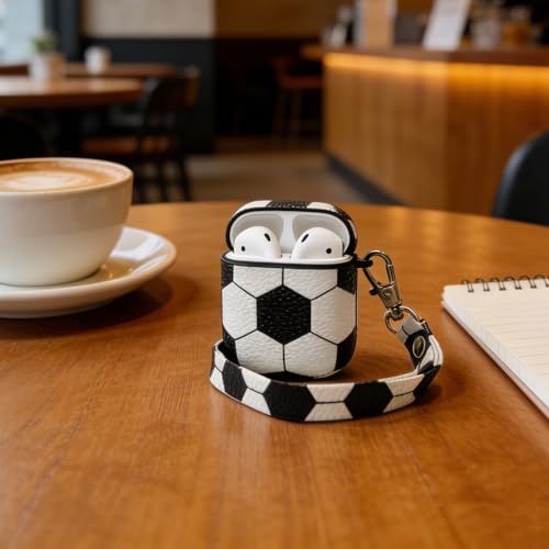 Image of for AirPods Case, AirPods PU Leather Hard Case, Portable Protective Shockproof Earphone Accessories Cover w /Carabiner /Keychain Compatible for Apple AirPods 1 / Airpods 2 Charging Case,Soccer