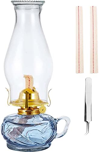 Rustic Oil Lamp for Indoor Use,Large Kerosene Lamp with Handle,2 Pcs Wicks and 1 Tweezers,Vintage Glass Hurricane Lamp for Home Emergency Lighting (Blue)
