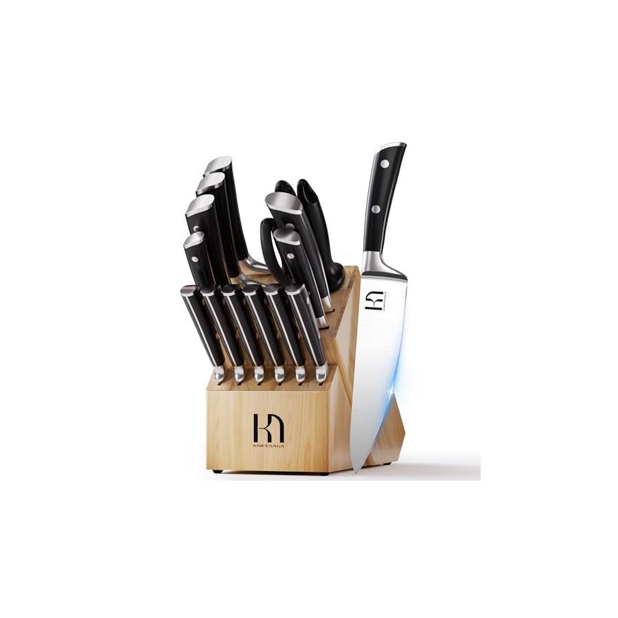 KnifeSaga Knife Set, Premium 15 Pcs Kitchen Knife Block Set, Japanese High Carbon Stainless Steel Enduring Razor-Sharp Knives Set for Kitchen with Block and Sharpener, Black Chef Knife Set