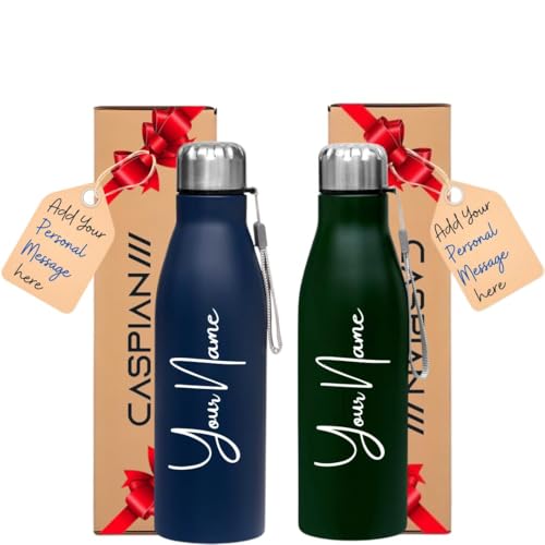 Caspian Bolt Customised Stainless Steel Water Bottle 1L, Combo PB & FG with Logo Print - Personalised Water Bottle with Your Name Print for School Office Gym- Perfect for Corporate Gifting (Set of 2)