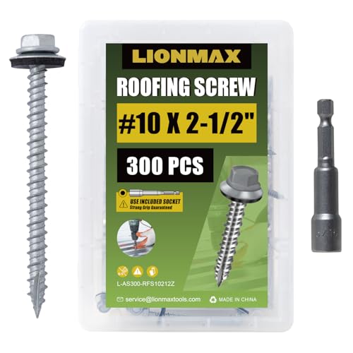 LIONMAX Metal Roofing Screws #10 x 2-1/2 Inch, 300-PCS, with Rubber Washer