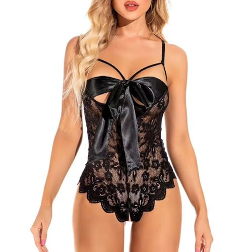 Kinizpl Sexy Lingerie for Women Lace Teddy Lingerie Bodysuit Bowknot One Piece Babydol Floral Harness Fashion Lingerie Black