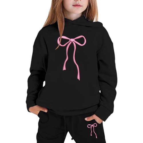 Teen Sweatshirts,Hoodies For Teen Girls 2 Piece Outfits With Cute Bow Print Long Sleeve Fashion Clothes Casual Tops And Pants for Girl(04_Black,150)