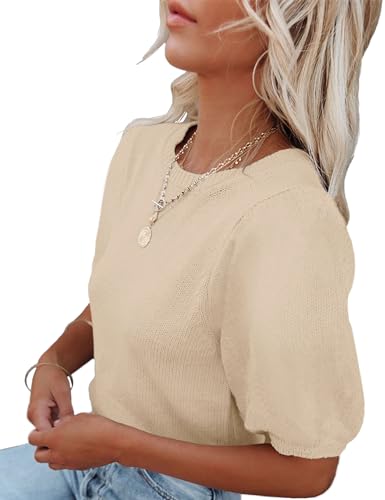 Image of Womens Short Sleeve Sweaters Crewneck Knit Pullover Tops 2025 Summer Casual Lightweight Crochet Blouse Shirt