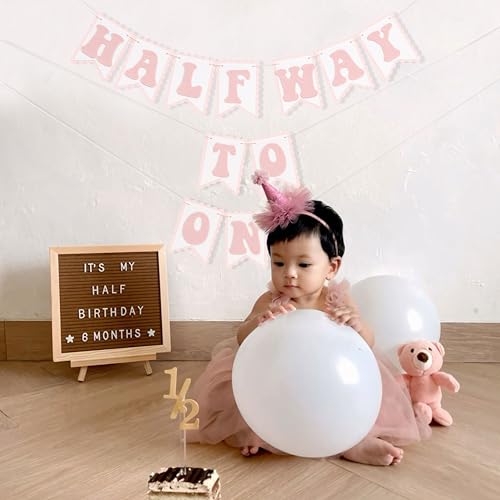 Image of Half Way To One Pink Banner - Sweet 6 Months Birthday Decorations,Pink Cake Smash Photo Backdrop,Little Princess 1 /2 Birthday Party Banner,Home Wall Mantel Hanging Garland.