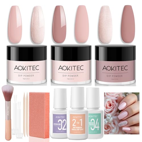 Aokitec Juego de 12 uñas en polvo para inmersión, 3 colores claros, nude rosa, juego de uñas con 3 unidades de líquido de inmersión acrílica, juego de uñas para manicura