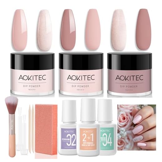 Aokitec 12 Stück Dipping Powder Nails Set Starter Kit, 3 Farben Helles Nude Rosa Dip Powder Nail Set mit 3 Stück Dip Liquid, Acryl Dip Nagelset für Nail Art, Nägel Selber Machen Set