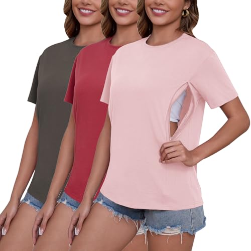 Image of Ecavus Women's 3-Pack Nursing Shirts for Breastfeeding with Hidden Zippers Loose Fit Maternity Tops