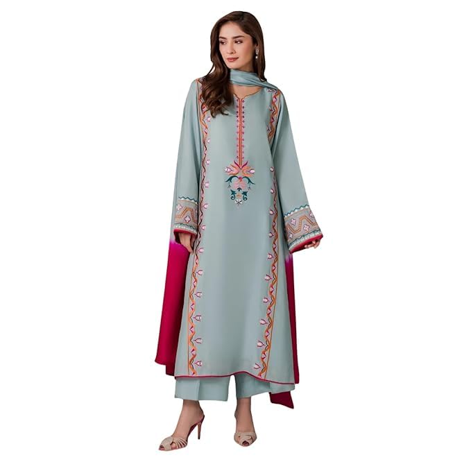Image of Women's French Crepe Embroidered Mirror Work Kurta Pant Set with Chinon Double Dyeing Dupatta | Straight Ethnic Suit Set | Festive, Party